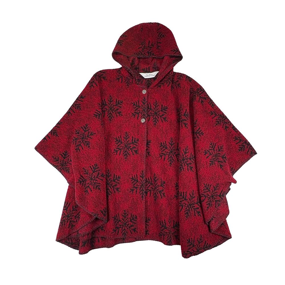 Vermont Country Store VTG Hooded Poncho L/XL Red Snowflake Wool Blend Cape USA
